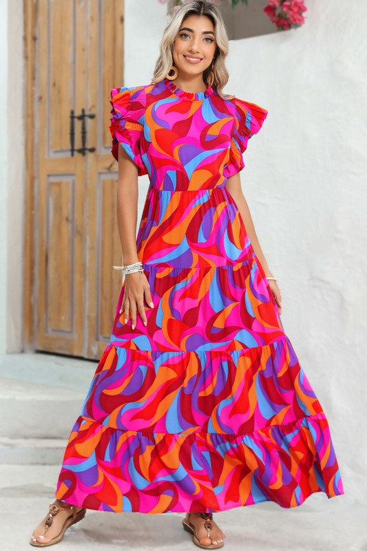 Abstract Print Tiered Maxi Dress