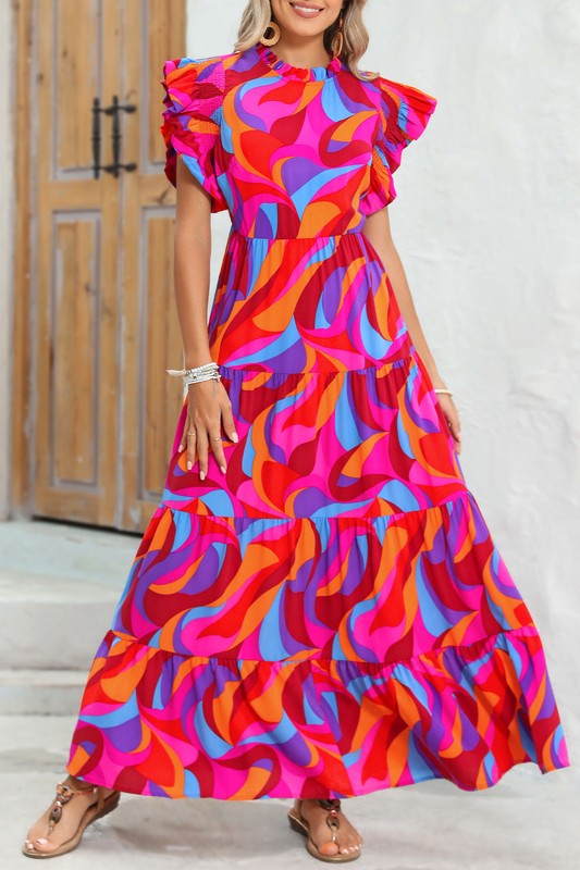 Abstract Print Tiered Maxi Dress