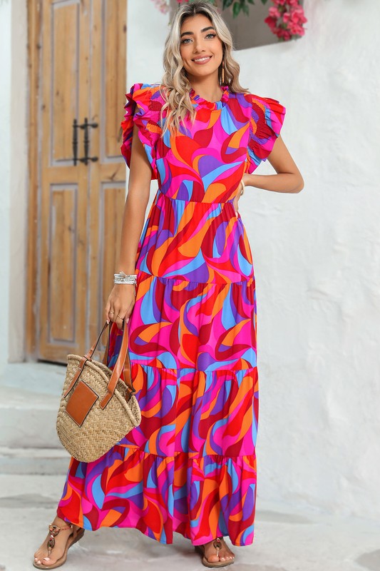 Abstract Print Tiered Maxi Dress