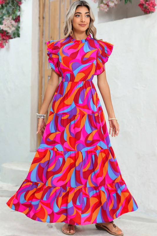 Abstract Print Tiered Maxi Dress