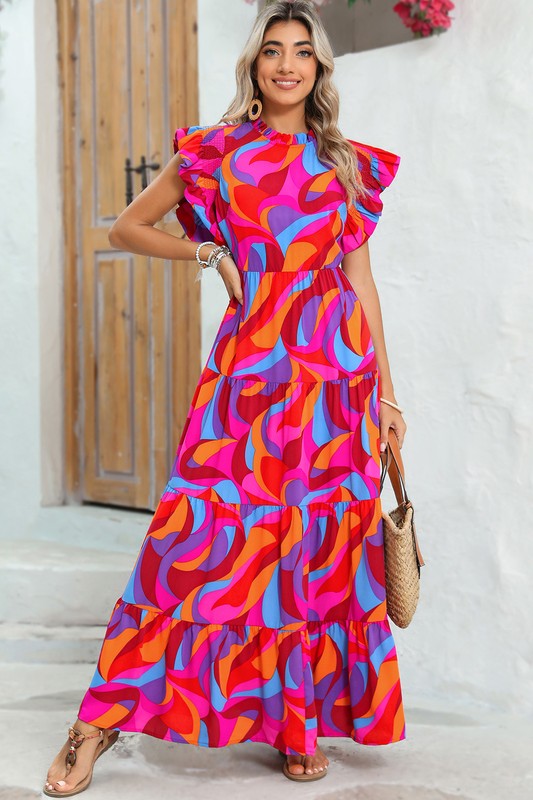 Abstract Print Tiered Maxi Dress