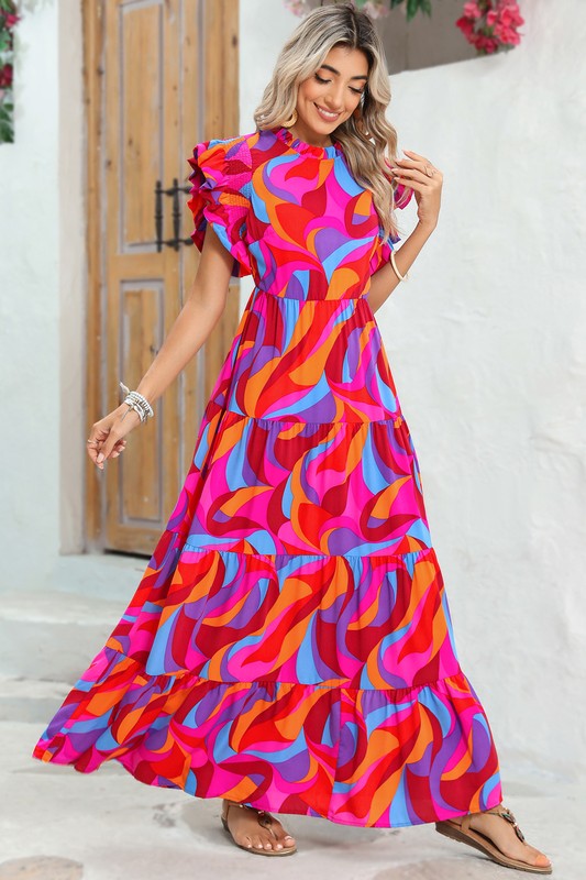 Abstract Print Tiered Maxi Dress