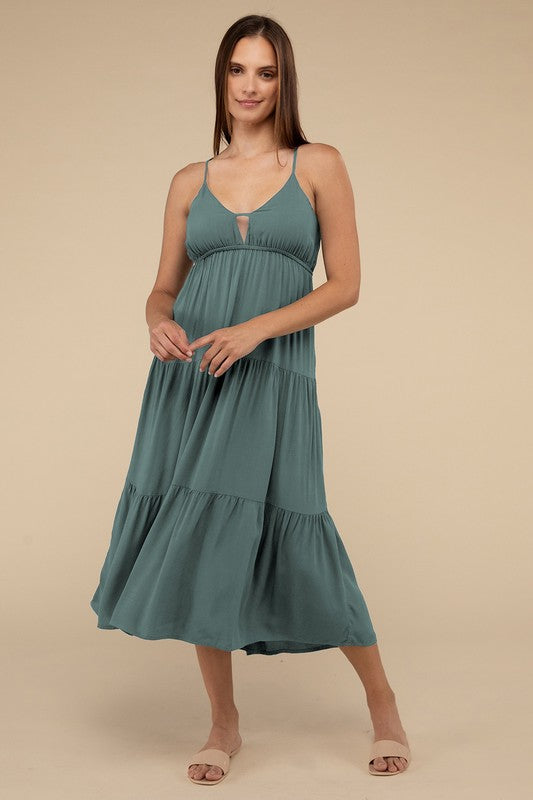 Woven Sweetheart Neckline Tiered Cami Midi Dress