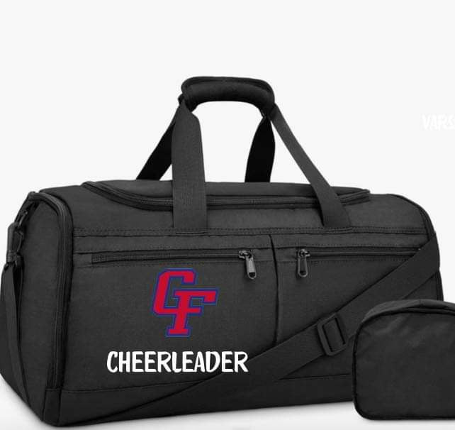 Black gym bag customized fully embroidered school logo and word cheerleader in specific script

 